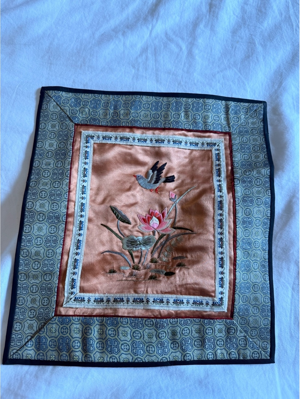 Vintage Chinese embroidered silk panel home decor bird lotus flower coral